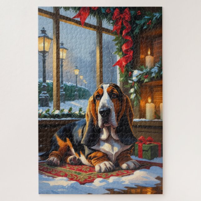 Quebra-cabeça Basset Hound Com Luzes De Natal Feriado  (Vertical)