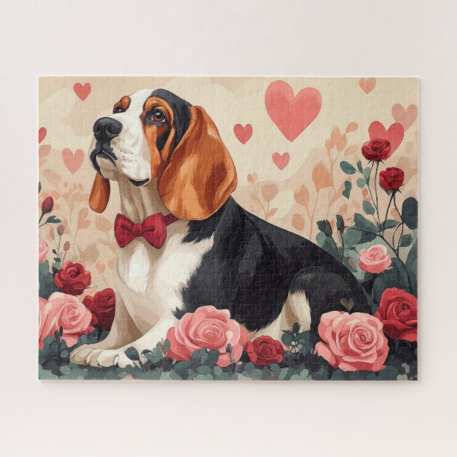Quebra-cabeça Basset Hound com Rosas - Dia dos Namorados  (Horizontal)
