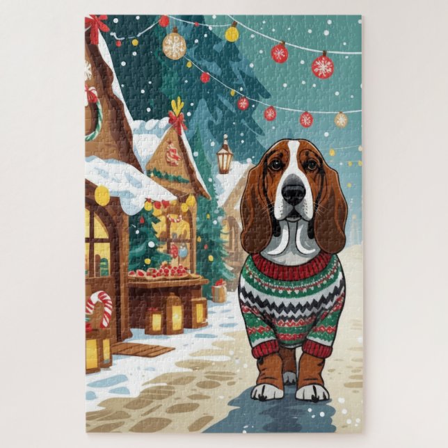 Quebra-cabeça Basset Hound Dogs Christmas Snow Holiday (Vertical)