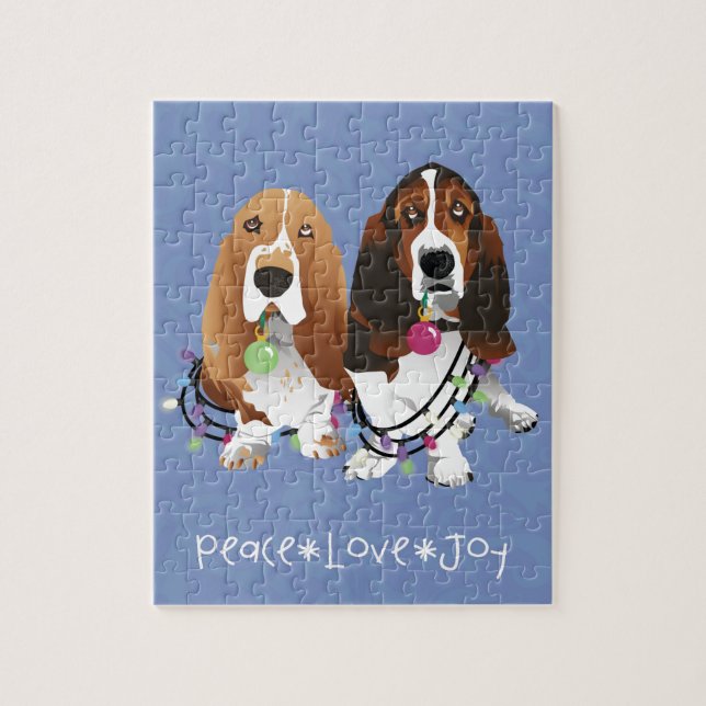 Quebra-cabeça Basset Hound Peace Love Joy Design de Natal (Vertical)