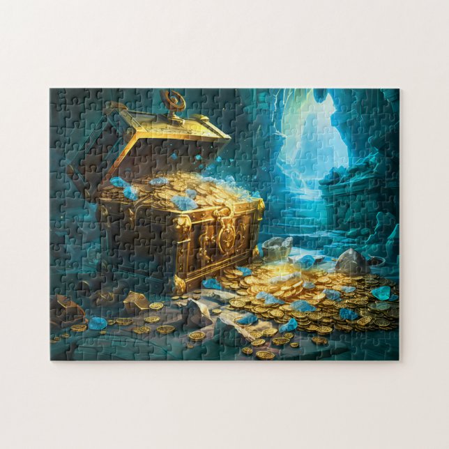 Quebra-cabeça Baú de Tesouro em Pintura Fantasia com Luz na Cave (Horizontal)