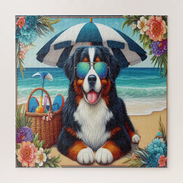Quebra-cabeça Beachside Bernese Bliss: Cachorro Legal com óculos (Vertical)