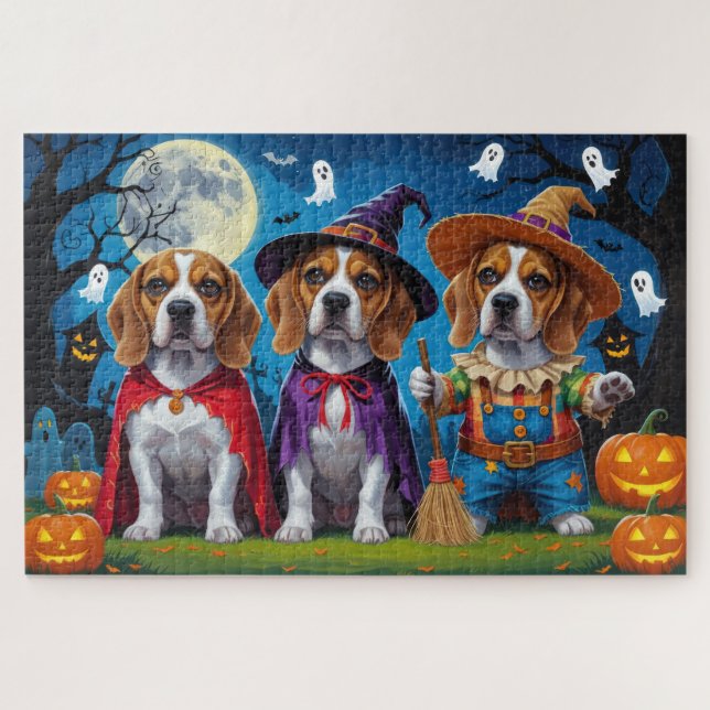 Quebra-cabeça Beagle Dogs Pumpkin Halloween Engraçado (Horizontal)