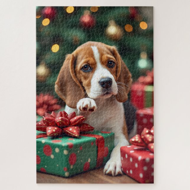 Quebra-cabeça Beagle Enrolando Presentes Pintura de Natal (Vertical)
