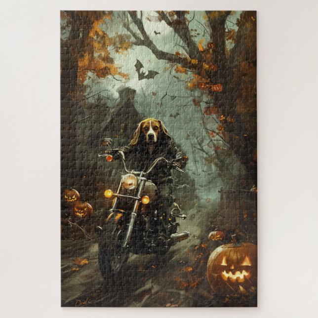 Quebra-cabeça Beagle Riding Motorcycle Halloween Scary (Vertical)