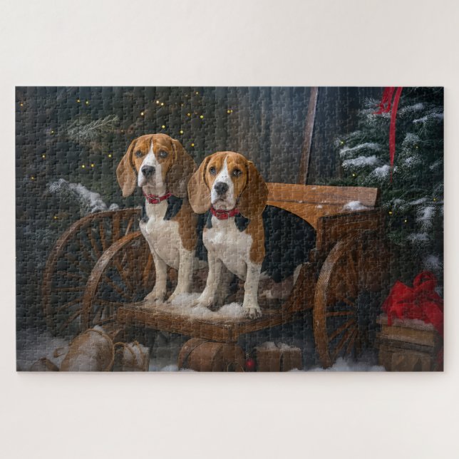 Quebra-cabeça Beagle Sleigh Natal Decoração Nevada (Horizontal)