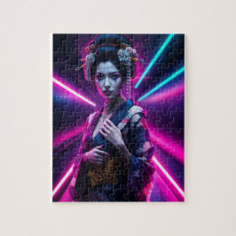 Quebra-cabeça Beautiful Geisha Puzzle with Neon Background – Ele