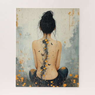 Quebra-cabeça Beautiful Woman, Ink, Wildflowers and Butterflies