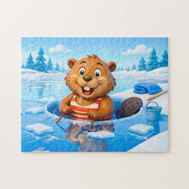 Quebra-cabeça Beaver Ice Bathing in a Striped Swimsuit (Horizontal)