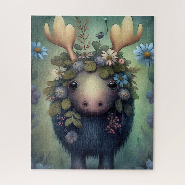 Quebra-cabeça Bebê Alce Fofo Pintura Flores Azuis e Brancas (Vertical)