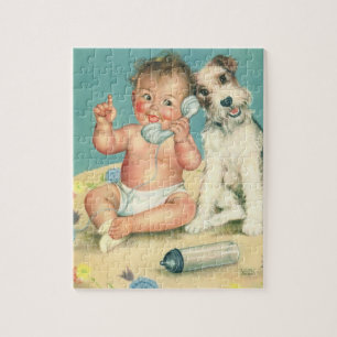 Quebra-cabeça Bebê Fofo Vintage Falando no Telefone Cachorrinho
