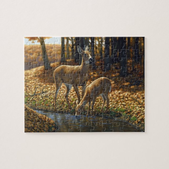 Quebra-cabeça Bebendo Whitetail Doe e Fawn de um Stream (Horizontal)