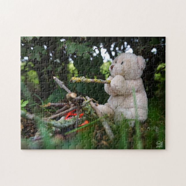 Quebra-cabeça Beertje dat bij kampvuur zit. (Horizontal)