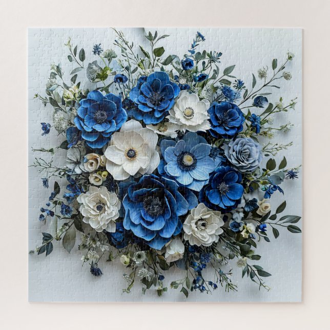 Quebra-cabeça Bela Arranjo Floral Azul e Branco (Vertical)