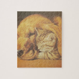 Quebra-cabeça Bela Arte de Gato e Cachorro Se Aconchegando Impre
