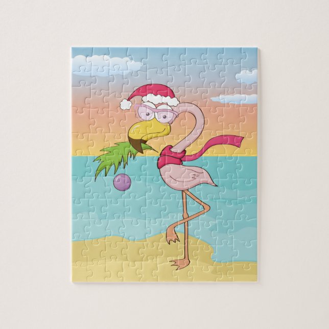 Quebra-cabeça Bela caricatura de Natal flamingo na praia (Vertical)
