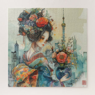 Quebra-cabeça Bela Geisha com Flores