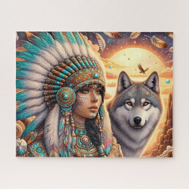 Quebra-cabeça Bela Mulher Indígena Americana Com Lobo (Horizontal)