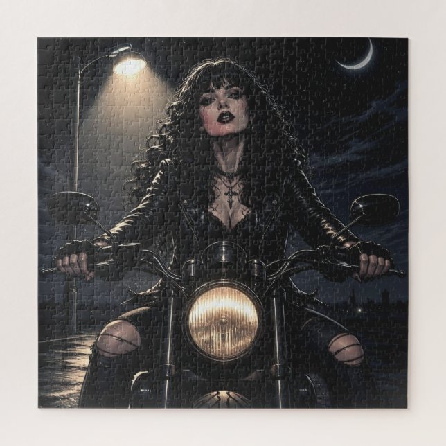 Quebra-cabeça Bela Mulher Romântica Gótica em Motocicleta (Vertical)