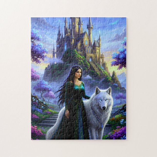 Quebra-cabeça Bela Princesa com Majestoso Lobo (Vertical)