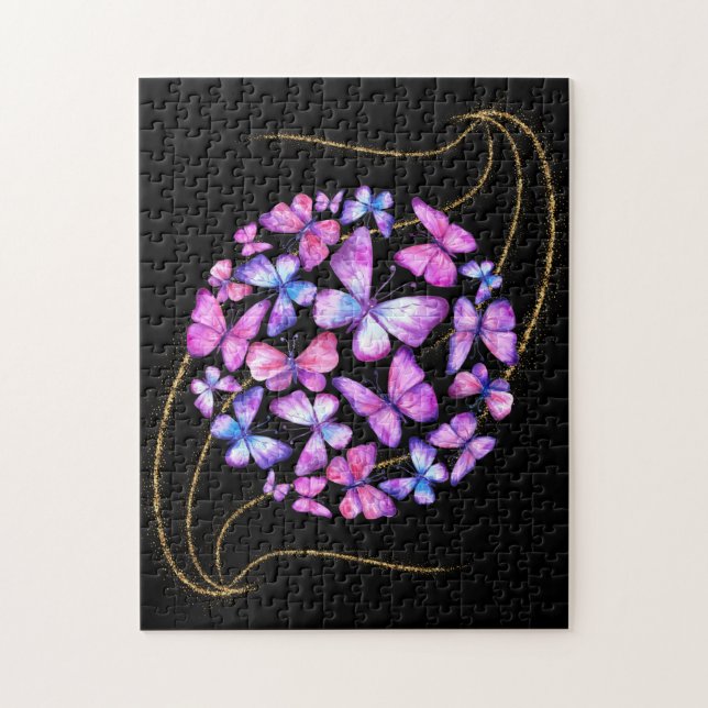 Quebra-cabeça Belas Borboletas Aquarela com Brilho Dourado (Vertical)