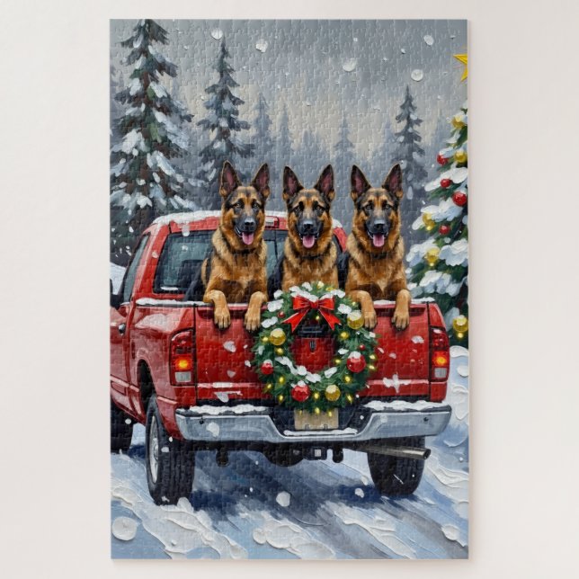 Quebra-cabeça Belgian Shepherd Christmas Red Truck Holiday (Vertical)