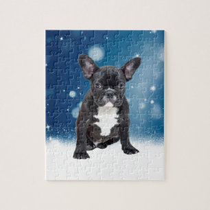 Quebra-cabeça Belo Buldogue Francês Estrelas de Neve Azul Natal