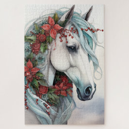 Quebra-cabeça Belo Cavalo Branco com Flores Vermelhas no Natal