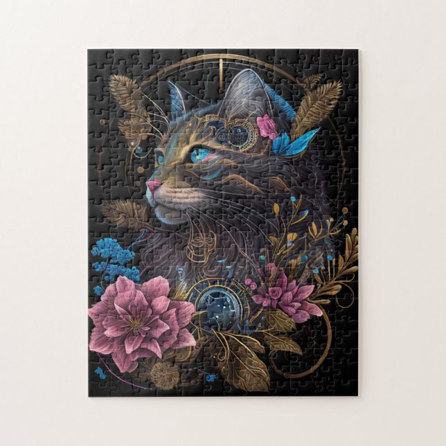 Quebra-cabeça Belo galpão Maine Coon com flores Arte AI (Vertical)