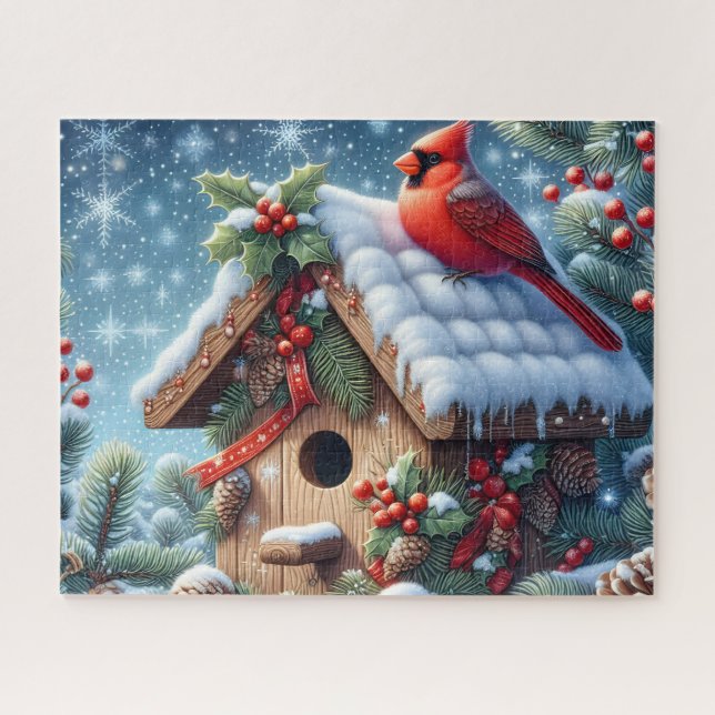 Quebra-cabeça Belo Pássaro Cardinal de Inverno com Casa de Pássa (Horizontal)