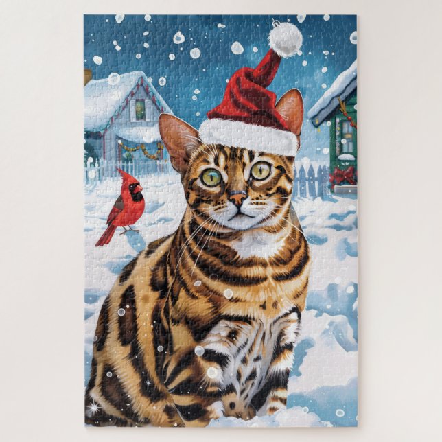 Quebra-cabeça Bengal Cat Winter Wonderland Natal Joy (Vertical)