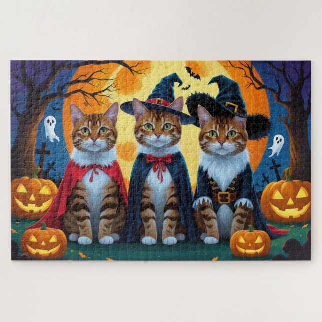 Quebra-cabeça Bengala Cats Pumpkin Halloween Engraçado (Horizontal)