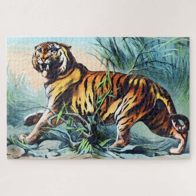 Quebra-cabeça Bengala Tiger na grama longa com o céu azul (Horizontal)