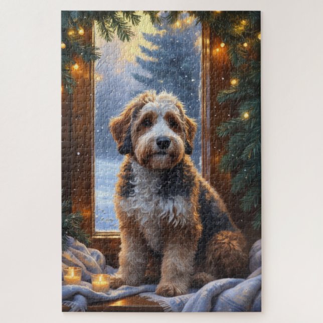 Quebra-cabeça bernedoodle Com Luzes de Natal Feriado (Vertical)