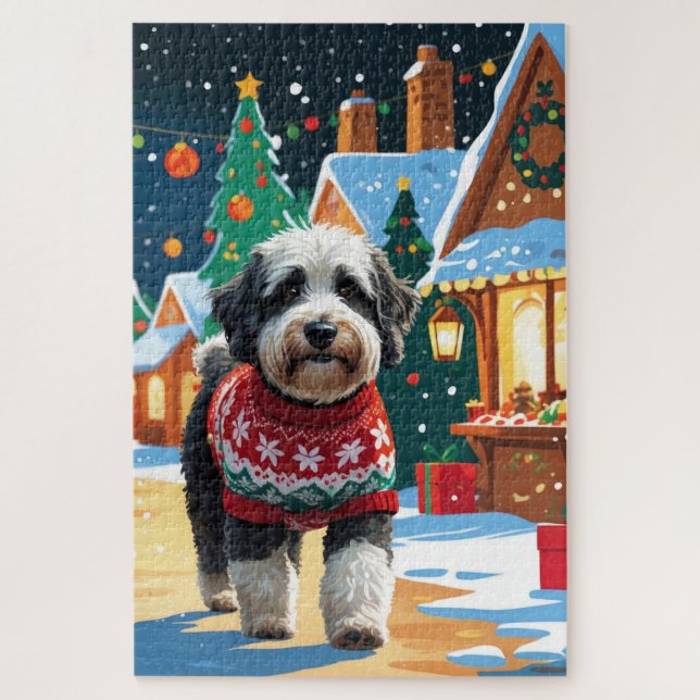 Quebra-cabeça Bernedoodle Dogs Christmas Snow Holiday (Vertical)