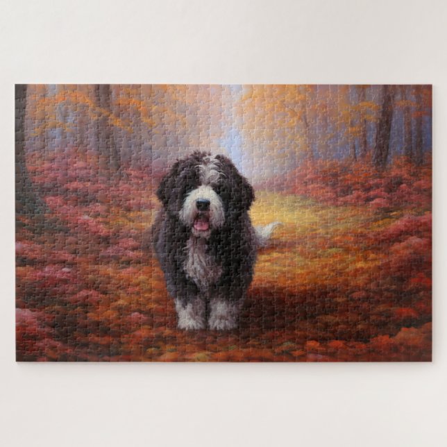 Quebra-cabeça Bernedoodle nas Folhas de Outono Caem Inspirar (Horizontal)