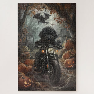 Quebra-cabeça Bernedoodle Pilotando Moto no Halloween Assustador