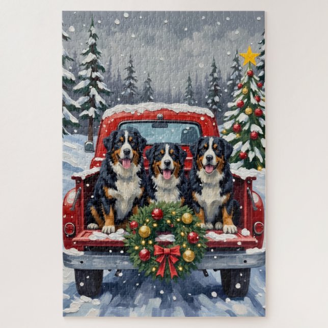 Quebra-cabeça Bernese Mountain Dog Christmas Red Truck Holiday (Vertical)