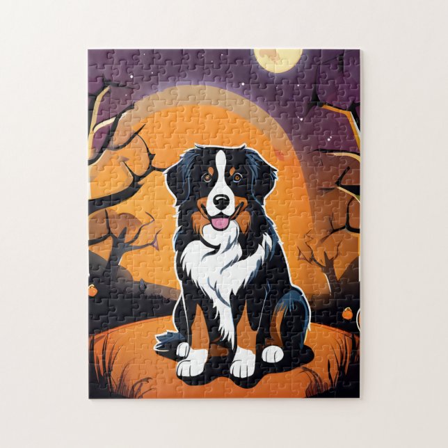 Quebra-cabeça Bernese Mountain Dog Purple Orange Halloween (Vertical)