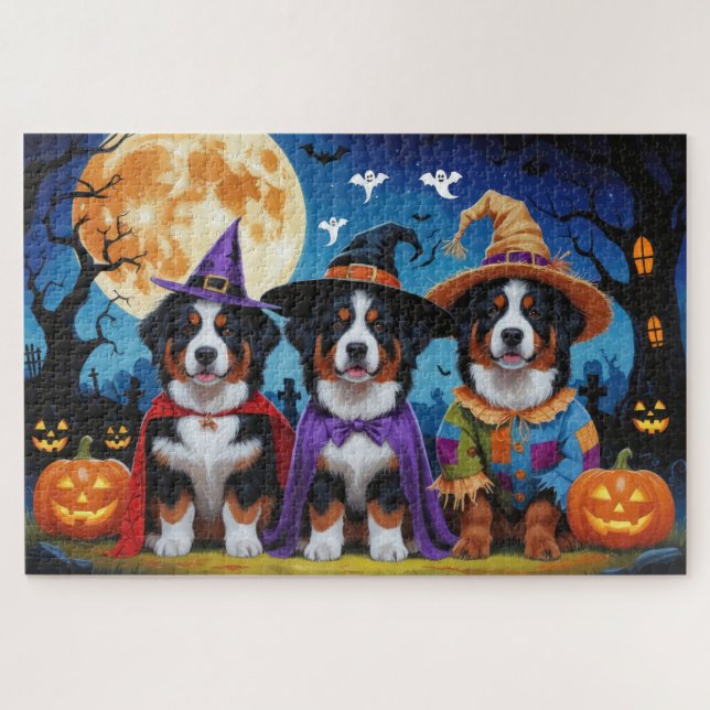 Quebra-cabeça Bernese Mountain Dogs Pumpkin Halloween Engraçado (Horizontal)