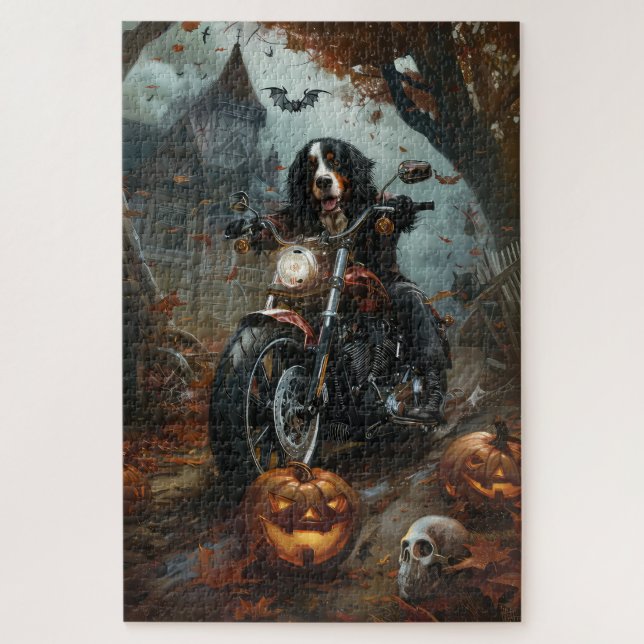 Quebra-cabeça Bernese Mountain Riding Motorcycle Halloween Scary (Vertical)
