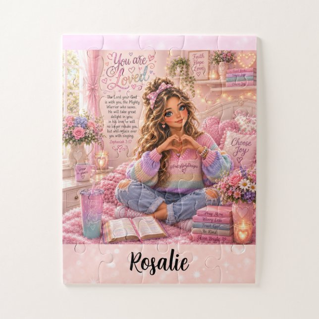 Quebra-cabeça Bíblia Cristã Menina Arco-Íris Rosa Pastel Bonito (Vertical)