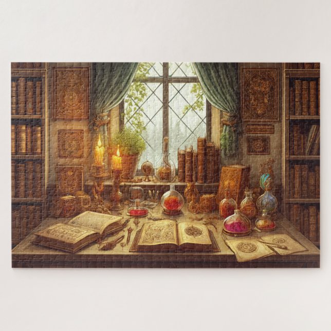 Quebra-cabeça Biblioteca Mística do Feiticeiro Estudo Fantástico (Horizontal)