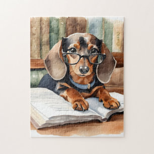 Quebra-cabeça Biblioteca Vintage Watercolor Dachshund