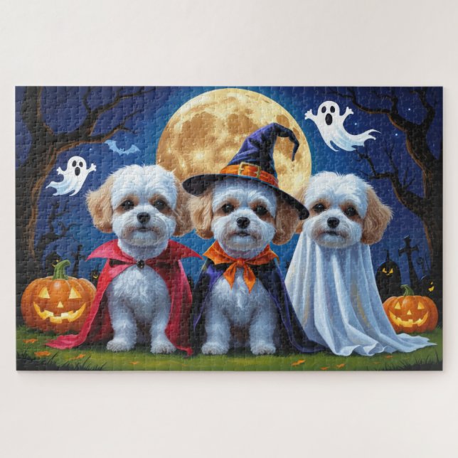 Quebra-cabeça Bichon Frise Cães Pumpkin Halloween Engraçado (Horizontal)