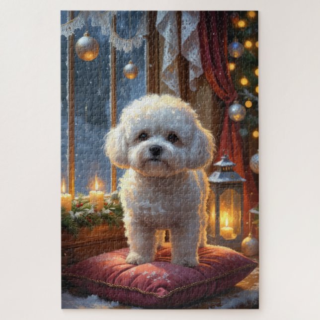 Quebra-cabeça Bichon Frise Com Luzes de Natal Feriado (Vertical)