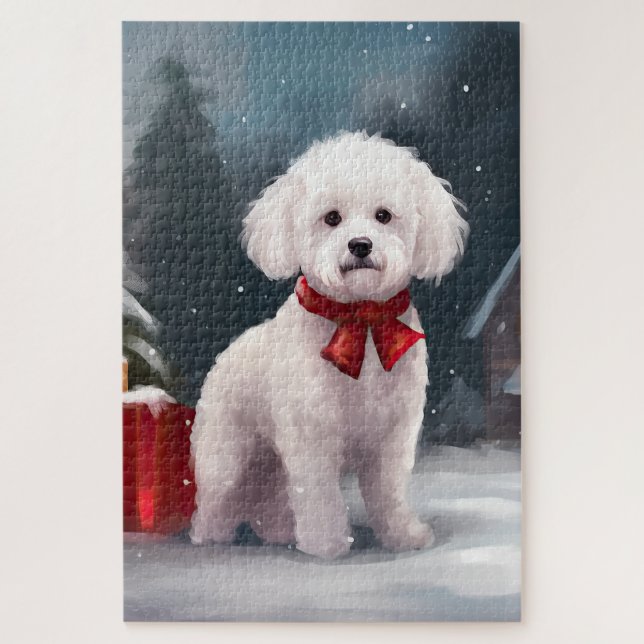 Quebra-cabeça Bichon Frise Dog no Natal da Neve (Vertical)