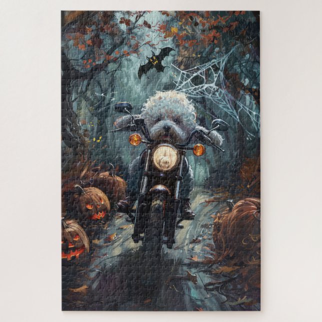 Quebra-cabeça Bichon Frise Pilotando Motocicleta Halloween Assus (Vertical)