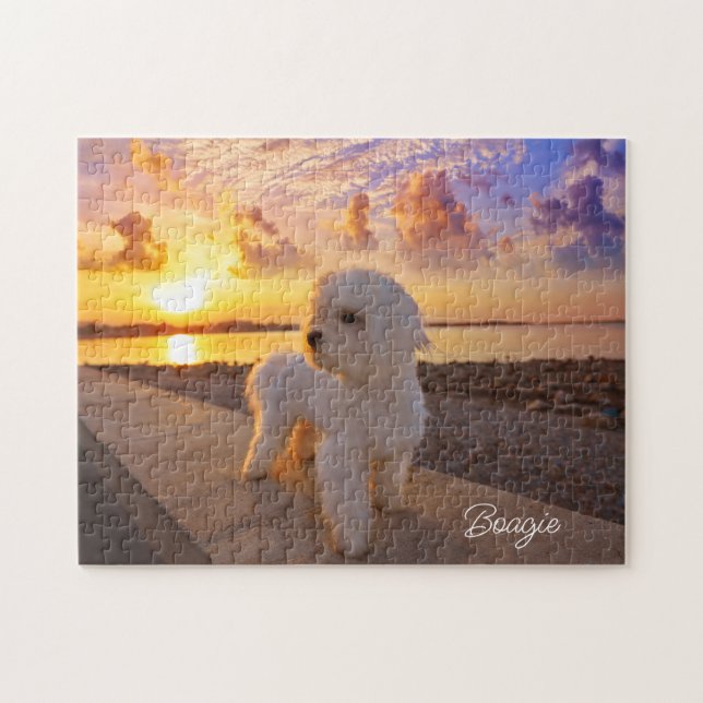Quebra-cabeça Bichon no nome personalizado da foto da praia Pet (Horizontal)