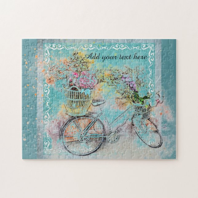 Quebra-cabeça Bicicleta com cestos de flores em burlap azul (Horizontal)